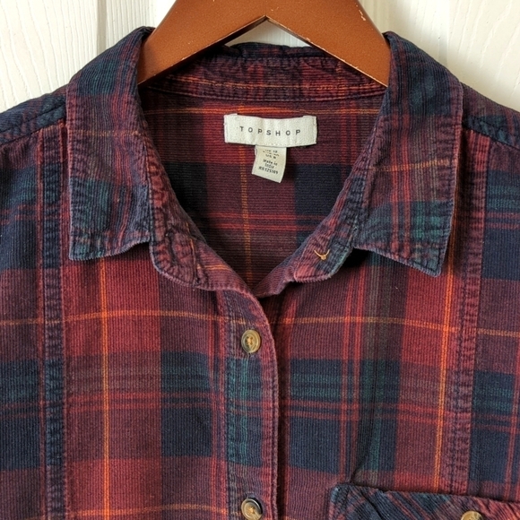 Topshop Classic Plaid Pinwale Corduroy Long Sleeve Button Down Shirt Burgundy 8 - Picture 2 of 12